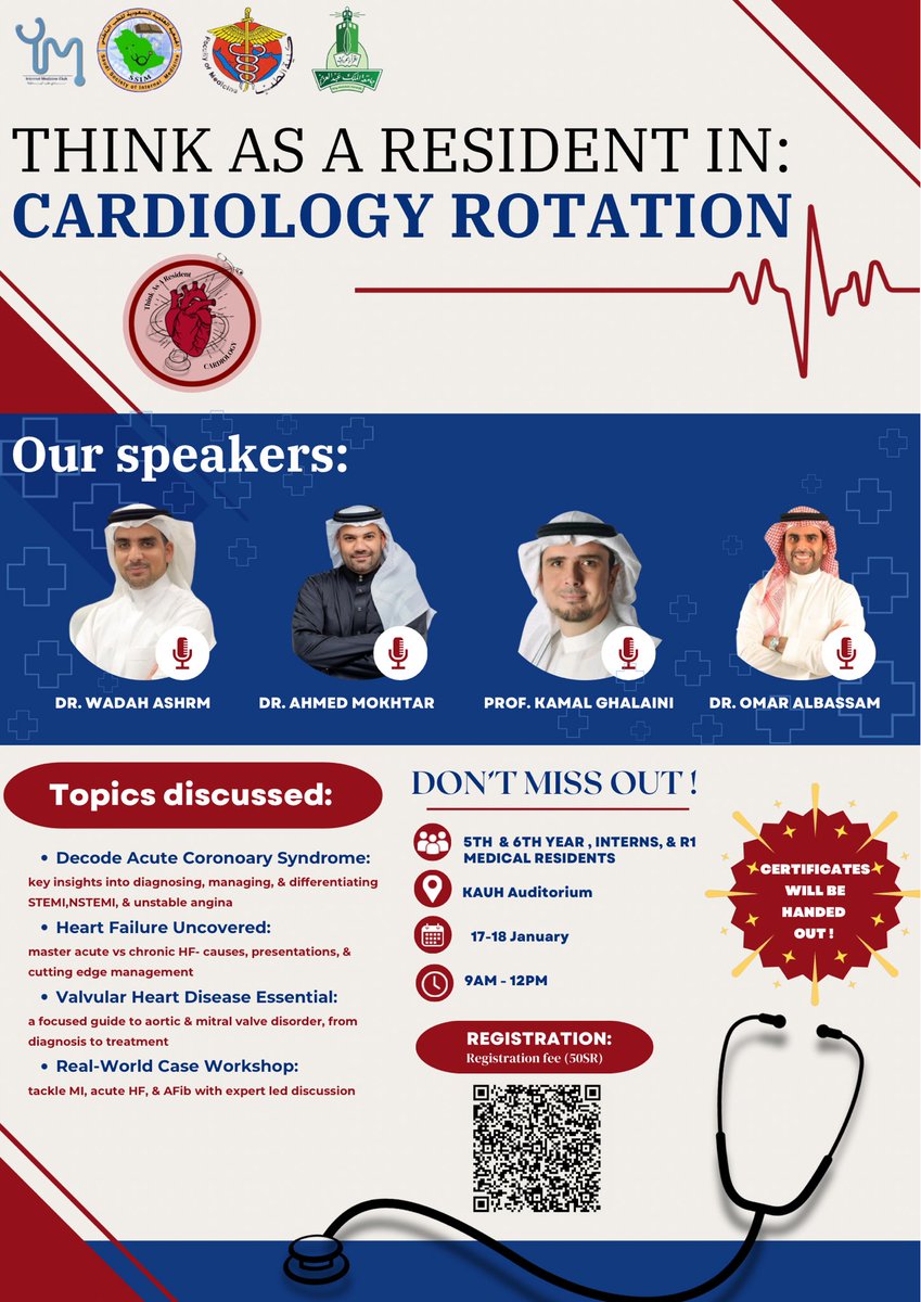 Don’t miss out!! 🫀✨

The Internal Medicine Club is pumped to announce:
“Think as a Resident in: Cardiology Rotation”

Be prepared to embark on a ground-breaking journey with the expertise of our esteemed panel of cardiologists ✈️

forms.gle/o9GYBxMK2rzuhS…

#Think_as_a_Resident