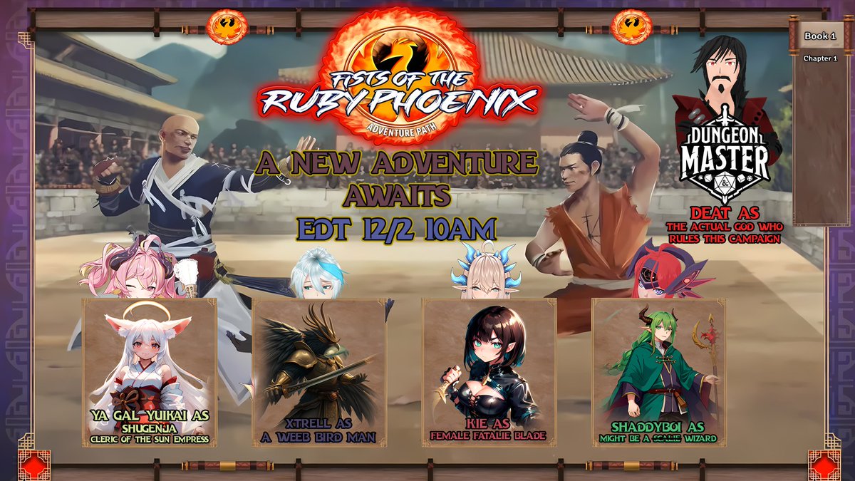 YuikaiChan's tweet photo. Dice rolling stream be happening! 

Later at EDT 12/2 10am!
I'll be yeeting a pathfinding campaign hosted by @Virtual_Deat  over at my twitch!

Cast~!
@Trellsan - Bird Samurai
@KieKyoko  - Female Fatalie Blade
@Shadicnion500  - A scalie Wizard
And me - A healer main frfr :)~! https://t.co/SiaOuQTWT3