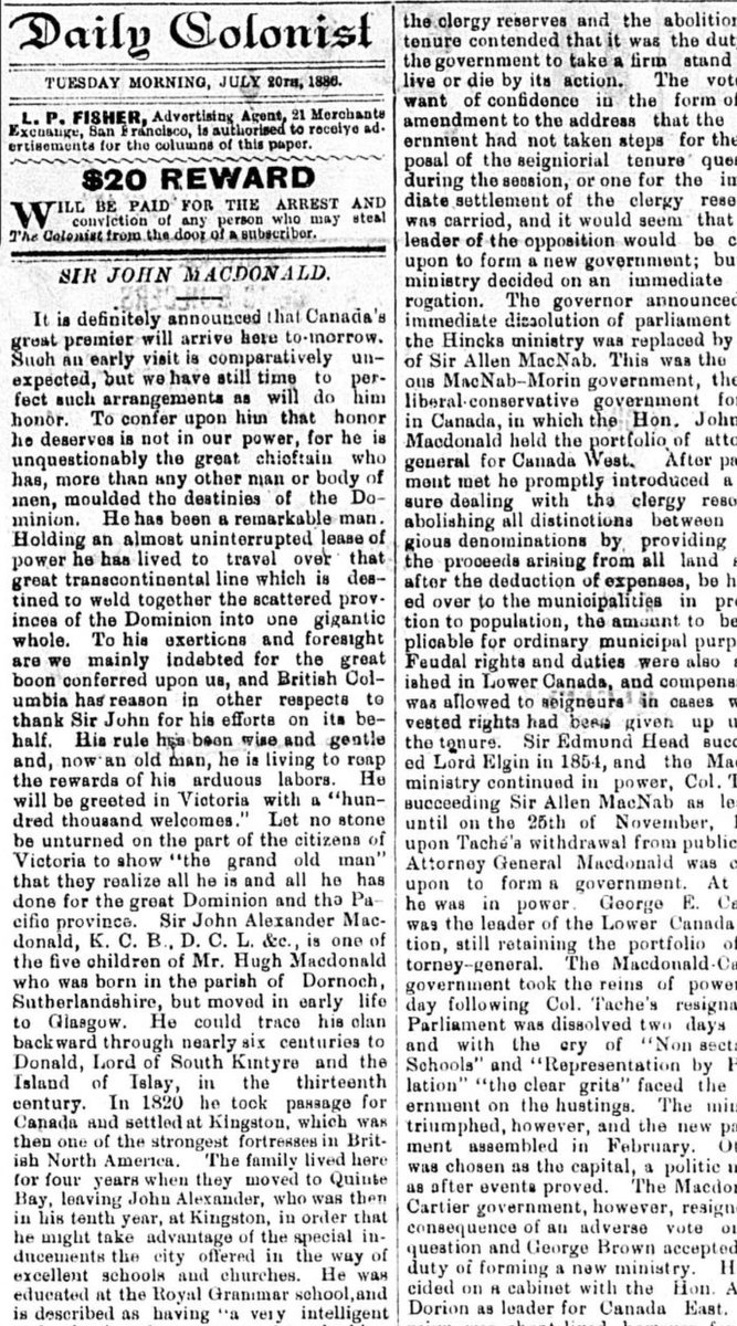 bobmackin's tweet photo. Daily Colonist newspaper in Victoria, July 20, 1886, previewing Sir John A. Macdonald’s visit. “He will be greeted in Victoria with a hundred thousand welcomes.” The first PM was born 210 years ago. #cdnpoli #bcpoli #SirJAM #history https://t.co/dySKRpMx6f