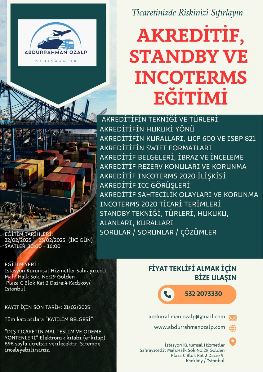 ucp600's tweet photo. E kitap hediyeli yeni “AKREDİTİF, STANDBY VE INCOTERMS” eğitimi. 
Eğitmen : ABDURRAHMAN ÖZALP 
Tarih : 22/02/2025 - 23/02/2025 (İKİ GÜN) Son başvuru tarihi: 21/02/2025
Eğitimimiz e-kitap hediyelidir. "DIŞ TİCARETİN MAL TESLİM VE ÖDEME YÖNTEMLERİ"  https://t.co/2j4MkTEEhT https://t.co/3UVqsuNqkf