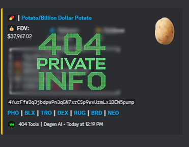404Labs_'s tweet photo. 2 days later, same tool, our Degen AI Caller:

$shigga 28k to 7.2M - 257x
$TxNarrator 38K to 1.1M - 28x
$Potato 37K to 660K - 17x
$CHADQUANT 46K to 579k - 12x

404 Members + 404 AI Degen Caller = Printing https://t.co/phNeQtog5d