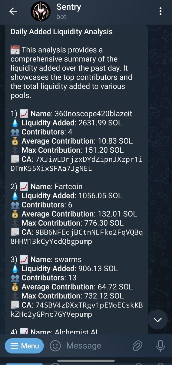 Here are the Raydium pools that received the most liquidity yesterday (watch these tokens closely):
$MLG 2631 SOL
#Fartcoin 1056 SOL
$swarms 906 SOL
$ALCH 715 SOL
$BUZZ 708 SOL
Full list : 🤖t.me/SentryOnSOL_Bot