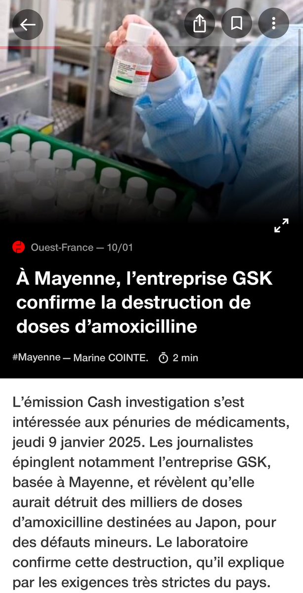 ➡️ Dans le dernier Cash Investigation, nous révélions que le labo GSK avait jeté en 2024 des milliers de flacons d’amoxicillne destinés au Japon, pour de simples défauts esthétiques sur l’emballage, au moment où la France était en pénurie de cet antibiotique. Lorsque nous avions