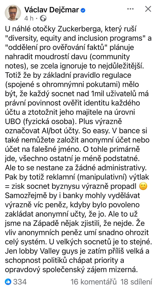 petr_jonak's tweet photo. Zatim nejlepsi komentar, ktery jsem k cenzure na sitich a veletoci Marka Zuckerberga cetl https://t.co/lY7gzhC9Dz