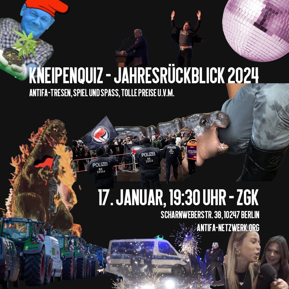 Die Gründung der Werteunion, Moo Deng und Hawk Thua, Bauernproteste, zwei Attentate auf Donald Trump - 2024 ist viel passiert. Aber was war wann? Und warum?  Schnappt euch eure Friends oder bildet spontan ein Team!

Seid am 17.01. um 19:30 Uhr in der ZGK zum #Antifa Kneipenquiz!