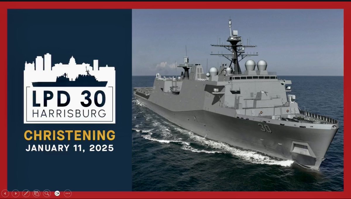 WarshipCam's tweet photo. Future USS Harrisburg (LPD 30) San Antonio-class Flight II amphibious transport dock being christened today in Pascagoula, Mississippi - January 11, 2025 #ussharrisburg #lpd30 

SRC: FB- HII https://t.co/Rj0Zrtq9ZM