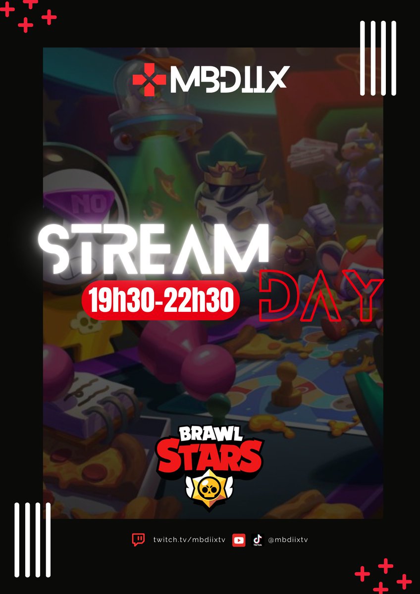 MbdiixTV's tweet photo. 🔔 Rendez-vous ce soir à partir de 19h30 pour notre soirée Mini-jeux !
Lien : https://t.co/vYGgyPYA6U
#live #BrawlStars #mbdiixtv #FR https://t.co/Kkw2bYiKyk
