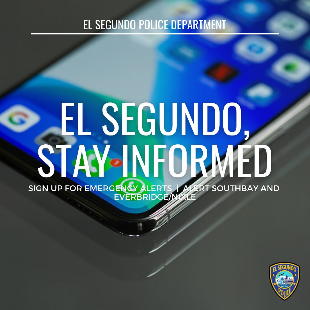 elsegundocity's tweet image. The City of El Segundo utilizes multiple communications channels to alert the public about emergencies and events that affect the City. Two of the most effective channels are Alert SouthBay and Everbridge/Nixle. Sign up here: ow.ly/X85050UENRE

#espd #elsegundo