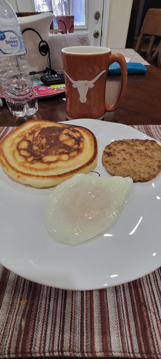 Good morning coffee and breakfast pancakes and egg and sausage patty , great season Texas Longhorns August again.
