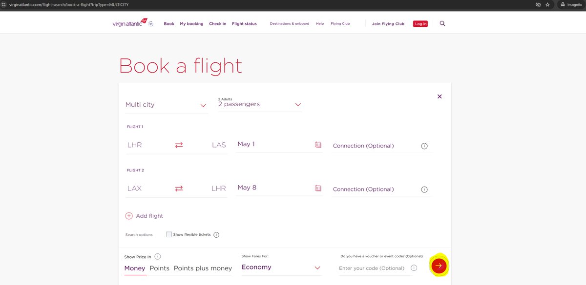 bluerise908's tweet photo. @VirginAtlantic Hi, I'm trying to search for multi-city flights to US but your multi-city doesn't seem to work?! I've tried using different browsers and even on incognito but whenever I click on search, it doesn't do anything? Can you please help. Thanks https://t.co/4xHfT0sHyT