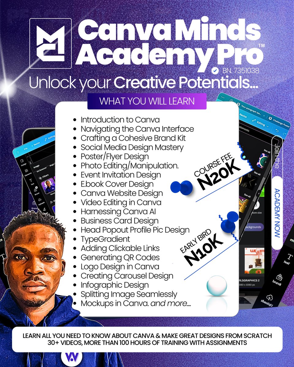 wilsgraphics_'s tweet photo. Unlock your creative superpowers with Canva Minds Academy Pro! 🚀 From stunning designs to pro-level editing, this course will transform your skills in just weeks. Early bird fee: N10K. Let’s level up! 

#DesignMastery #CanvaAcademy #GraphicDesign #onlinecourse https://t.co/Amhidj0zbR