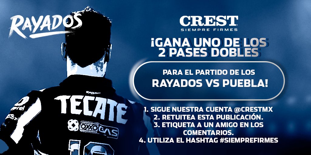 CRESTMx's tweet photo. ¡Gana uno d e los 2 pases dobles para el partido de @Rayados vs Puebla! RT a este post, sigue a @CRESTMx, etiqueta un amigo y usa #SiempreFirmes 

¡Anunciamos ganadores el domingo! 

#Sorteo #Fútbol #Monterrey #Puebla #GanaBoletos #GiveAway #LigaMX #Rayados https://t.co/1id6Md4LdZ