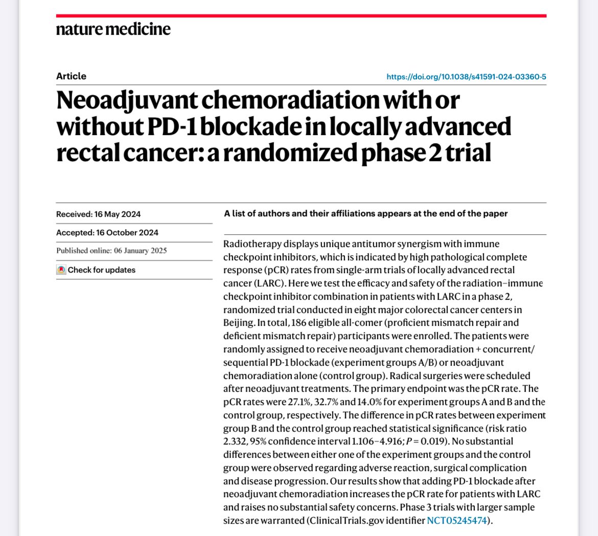 Erman Akkus (@erman_akkus) on Twitter photo 💉Neoadjuvant CRT plus tislelizumab in rectal cancer
<a href="/NatureMedicine/">Nature Medicine</a>
➡️%87 pMMR
✅CRT plus tislelizumab after CRT (sequential) vs only CRT
pCR: 32.7% and 14.0% (risk ratio 2.332, P=0.019)
👉doi.org/10.1038/s41591…
<a href="/OncoAlert/">OncoAlert</a> <a href="/MyriamChalabi/">Myriam Chalabi</a> #cancer #oncology #MedX 💉Neoadjuvant CRT plus tislelizumab in rectal cancer
<a href="/NatureMedicine/">Nature Medicine</a>
➡️%87 pMMR
✅CRT plus tislelizumab after CRT (sequential) vs only CRT
pCR: 32.7% and 14.0% (risk ratio 2.332, P=0.019)
👉doi.org/10.1038/s41591…
<a href="/OncoAlert/">OncoAlert</a> <a href="/MyriamChalabi/">Myriam Chalabi</a> #cancer #oncology #MedX