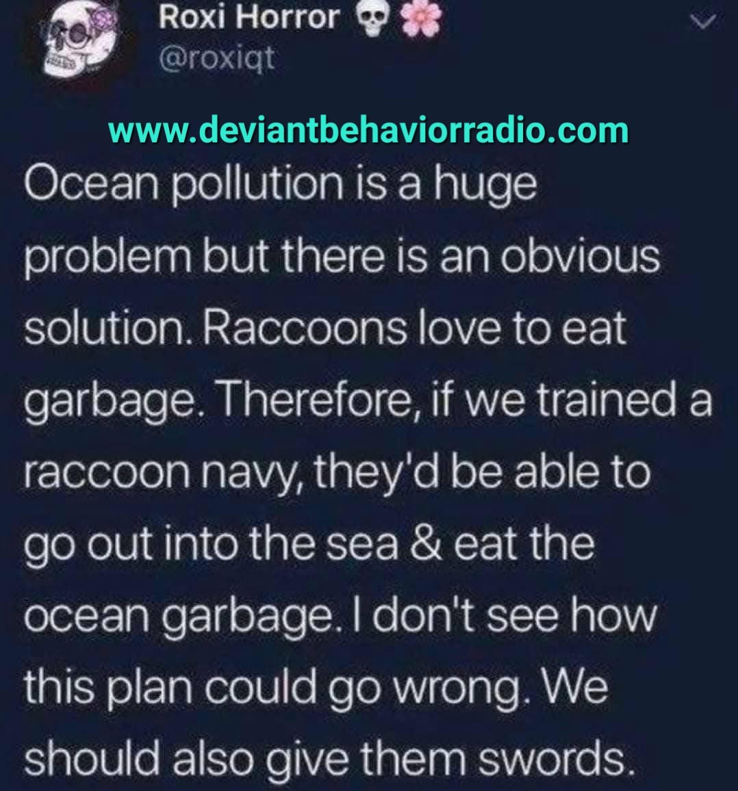 Deviantbradio's tweet image. #raccoonnavy #oceanpollution deviantbehaviorradio.com #DeviantBehaviorRadio #MississippiRadioStation