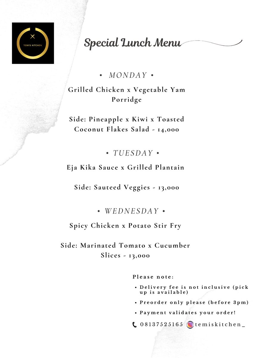 temiskitchen_'s tweet photo. Kickstart the year with our January Special Lunch Menu. 
.
Balanced lunch options packed with proteins, vibrant veggies, and wholesome flavors! Available from Monday to Friday (Preorder only please (a day before). 
.
#temiskitchen #nigerianfood #lunchmenu #explore #gourmetlunch https://t.co/oy6PMavSaJ