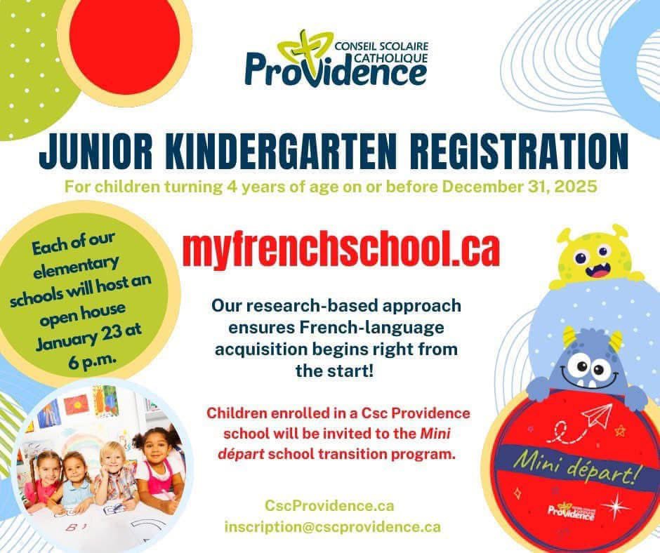 Réservez la date du 23 janvier 2025 à 18h pour nos portes ouvertes! Venez découvrir tout ce que notre école a à offrir.
Une visite guidée? Nous serons ravis de vous accueillir!
519-948-9481 ou georgespvanier@cscprovidence.ca