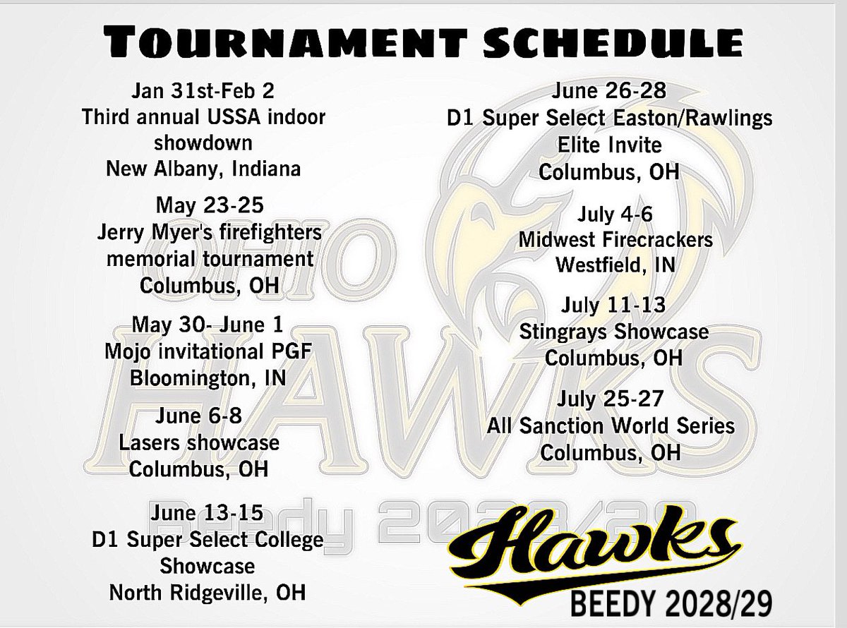 OhioHawksBeedy's tweet photo. Schedule for this coming spring and summer

@d1fastpitch1 
@ExtraInningSB 
@BallGirlSports 
@SBRRetweets 
@TopPreps 
@CoastRecruits 
@DirectRecruits https://t.co/K3vQyiAgFN
