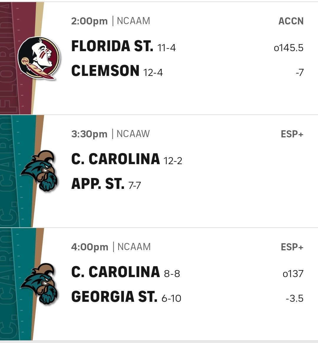 Goods4Sporting's tweet photo. Solid sports six-pack today...
•FSU: has chance to go above .500 in conference play (test @ 🐅)
•UF: on upset alert @ Arkansas
•CC: Men & Women still a shot 3️⃣5️⃣, both winnable games this afternoon on road
•NFL: two AFC games, might get ❄️ in Charm City!
#WeWinYouWin https://t.co/VWBGXAZsru