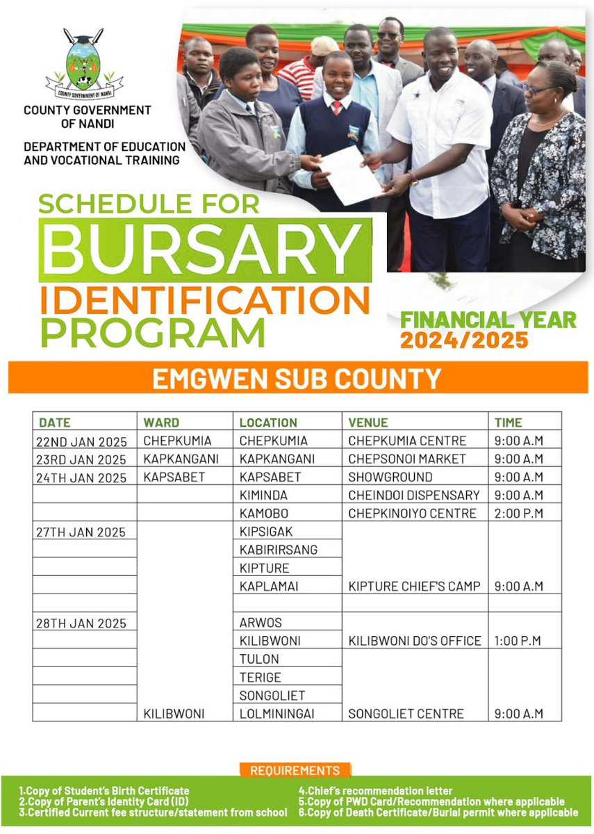 Municipality029's tweet photo. Nandi County Bursary Identification Program..

Tell a friend to inform another. https://t.co/kk37tVggvI