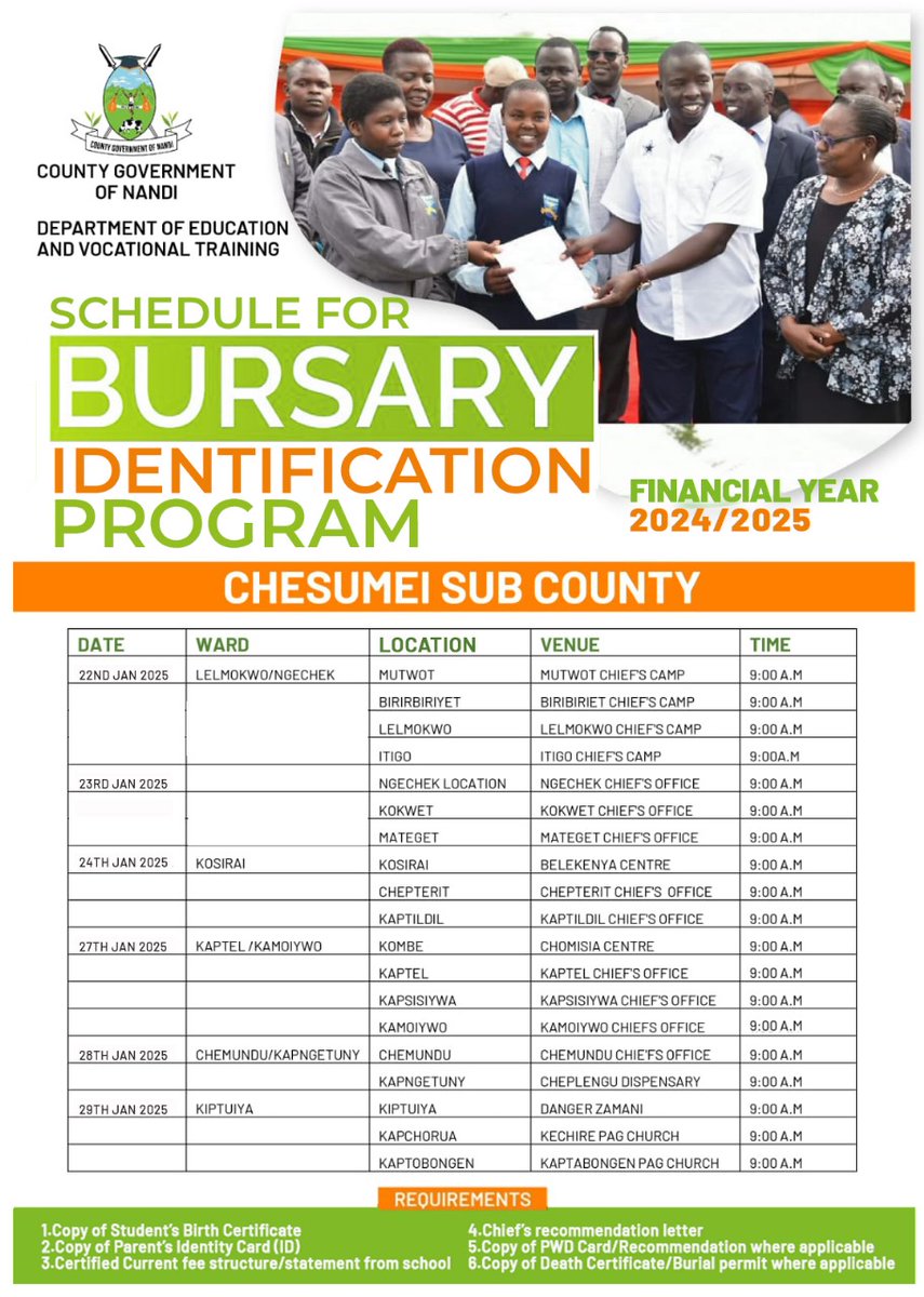 Municipality029's tweet photo. Nandi County Bursary Identification Program..

Tell a friend to inform another. https://t.co/kk37tVggvI