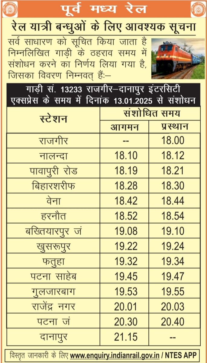 PankajRailFan's tweet image. 03321/22 राजगीर-कोडरमा-राजगीर एक्सप्रेस स्पेशल ट्रेन चलने के कारण। 13233 राजगीर-दानापुर इंटरसिटी एक्सप्रेस के समय सारिणी में 13/01/2025 से संशोधन किया जा रहा है।
#Rajgir #Koderma