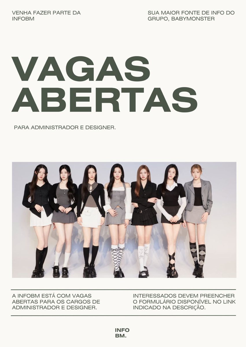 InfoBabyMonster's tweet photo. 🚨 ATENÇÃO! A INFOBM está com vagas abertas para ADM e DESIGNER! Se você tem disponibilidade e interesse, não perca essa oportunidade e preencha o formulário abaixo:

🔗: https://t.co/2sQ9Djpghp

#BABYMONSTER #베이비몬스터 https://t.co/jSKOxqqaiQ