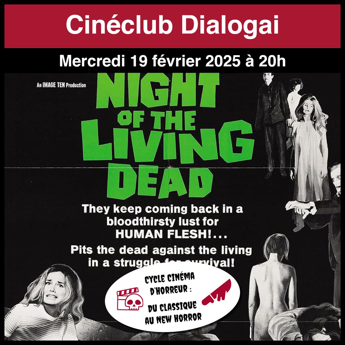 🎬 Le Cinéclub Dialogai est de retour ! Pour ce nouveau cycle, plongez dans l’univers du cinéma d’horreur avec un classique (cette première date en février justement) suivi de deux œuvres marquantes de la New Horror (en mars et avril 2025).
Infos sur dialogai.org/activites-comm…