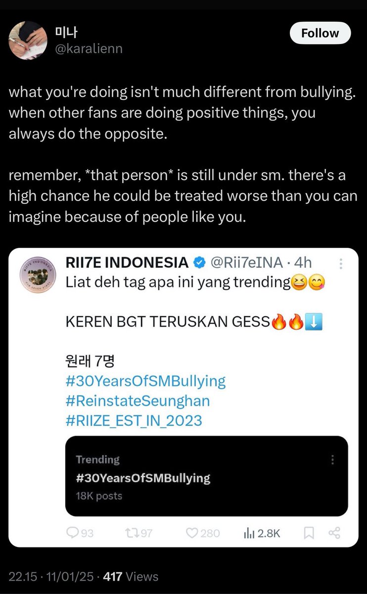 blackjjongcat's tweet photo. Now we can't even call out SM for their mistreatment because our idols are still there guys. So if your fav idols/groups are being mistreated we all should just keep quiet and turn a blind eye!!! Instead, we should make a positive project toward SM!!
#JusticeForSM #DontBullySM https://t.co/GNduTTSIq9
