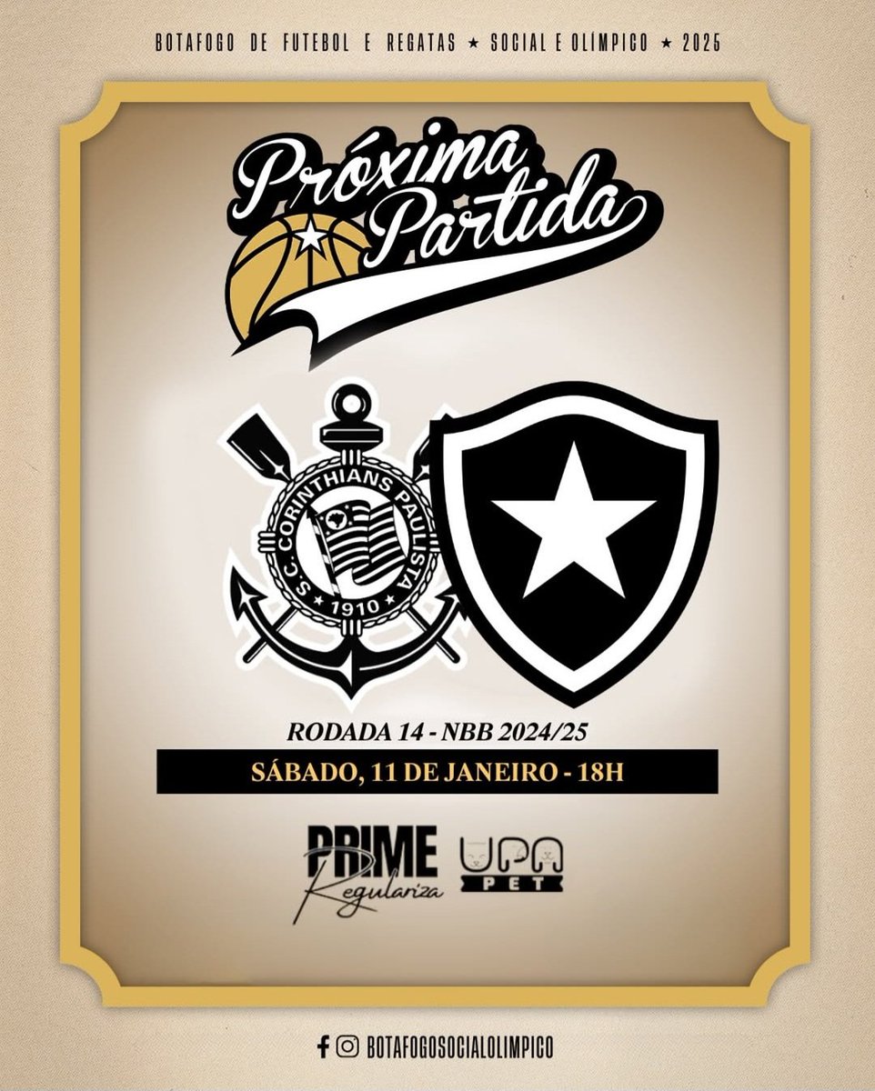 Depois do futebol, é hora de acompanhar o Glorioso no <a href="/NBB/">NBB CAIXA</a>! 🔥

Vamos enfrentar o Corinthians em São Paulo buscando mais uma vitória no campeonato. ⭐️🏀

A transmissão acontece no YouTube do <a href="/NBB/">NBB CAIXA</a> e no <a href="/basquetpass_br/">NBB Basquet Pass Brasil</a>.

#ÉaNossaHistória #VamosBOTAFOGO