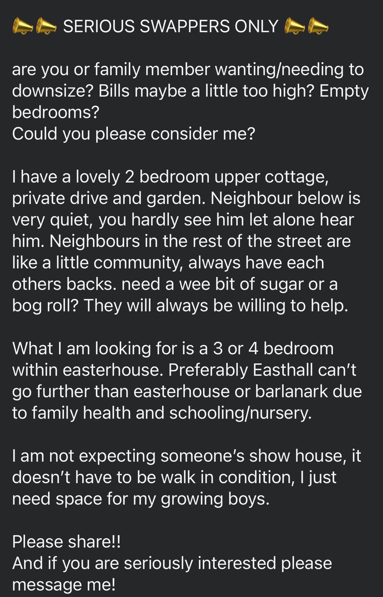 Cw1888x's tweet photo. 📣📣📣📣📣📣📣
are you or family member wanting/needing to downsize? Bills maybe a little too high? Empty bedrooms? 
Could you please consider me? 

I am in the G34 area looking for G34/G33.
Share away but please only serious swappers dm https://t.co/3ie27IAQLc