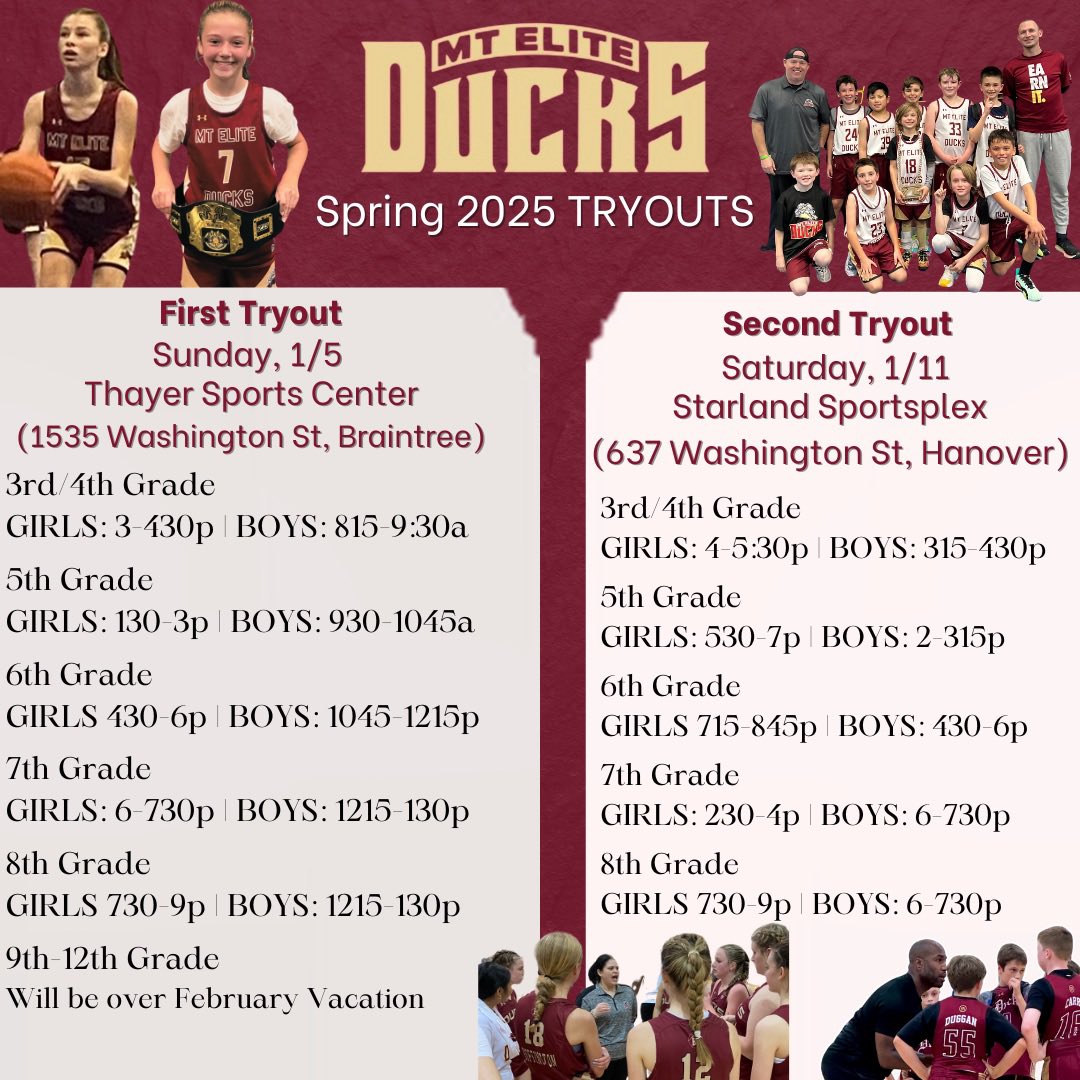 MTEliteDucks's tweet photo. Continue Today!

Spring 2025 Spring MT Elite Ducks AAU tryouts for 3rd-8th grade girls and boys continue today, Saturday, 1/11 at Starland (Hanover). 

Registration: https://t.co/q6sP3UVrVA

#MTEDFamily #JoinThePack #37thSeason #WhereQualityMatters https://t.co/beGR9DxjDx