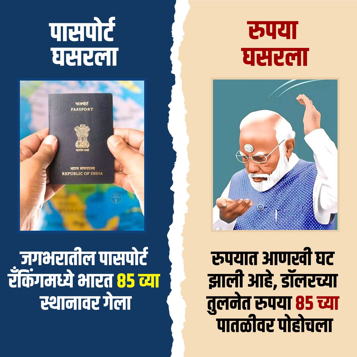 NitinRaut_INC's tweet photo. काँग्रेसच्या कार्यकाळात, एक डॉलरची किंमत 58-59 रुपये होती. आज, रुपयाची किंमत घसरून 86.4 रुपये प्रति डॉलरच्या ऐतिहासिक नीचांकी स्तरावर पोहोचली आहे, आणि जगभरातील पासपोर्ट रँकिंगमध्ये भारत 85व्या स्थानावर घसरला आहे.

पंतप्रधान नरेंद्र मोदी यांनी देशाला उत्तर द्यावं लागणार.
#RupeeVsDollar #EconomicCrisis
#IndiaPassportRanking 
#PMModi