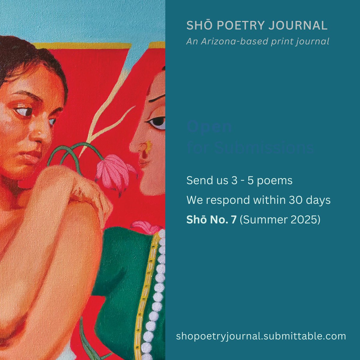 If you're sending out work this weekend, please keep us in mind.    

• Payment is one contributor copy  
  
• We nominate for Best New Poets, Best Spiritual Lit, and the Pushcart Prize    

• We award prize money for best poem in issue and best poem by an emerging poet