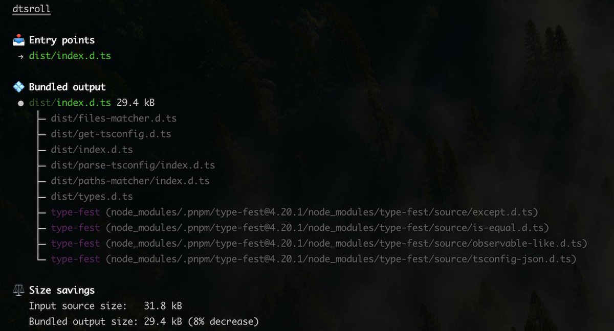 dtsroll is a Type Script declaration file (.d.ts) bundler

Use it to:
- Tree-shake unused types
- Bundle in private monorepo deps
- Improve type-checking perf

👉 github.com/privatenumber/…