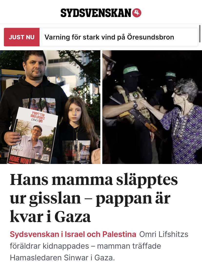 Jag träffade Omri Lifshitz under en demonstration i Tel Aviv. Båda hans föräldrar kidnappades 7 oktober, hans mamma blev känd efter att ha tagit i hand med en Hamas-krigare när hon släpptes ur gisslan. Läs här om en väldigt intressant familj! 
sydsvenskan.se/2025-01-11/han…