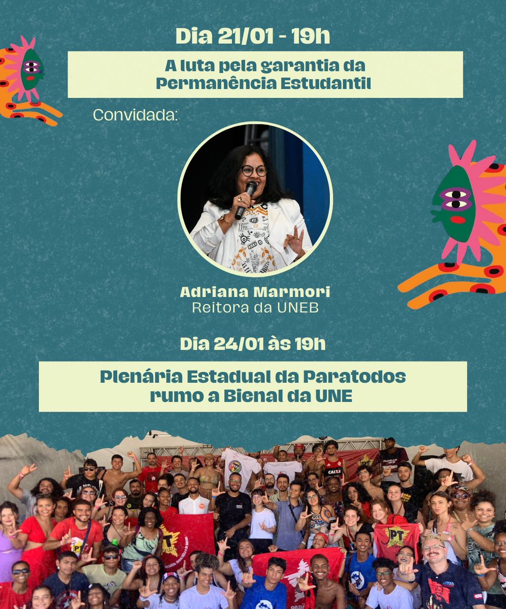 ueesnarede's tweet photo. BIENAL DA UNE COM A UEES ✊🏾

A partir de 14 de janeiro, a UEES - Bahia inicia o ciclo de formação preparatório para a Bienal da UNE. Serão realizados debates com figuras chave sobre temas como reforma universitária, movimento estudantil e importância da cultura nas universidades. https://t.co/o3Rj9VwWbF
