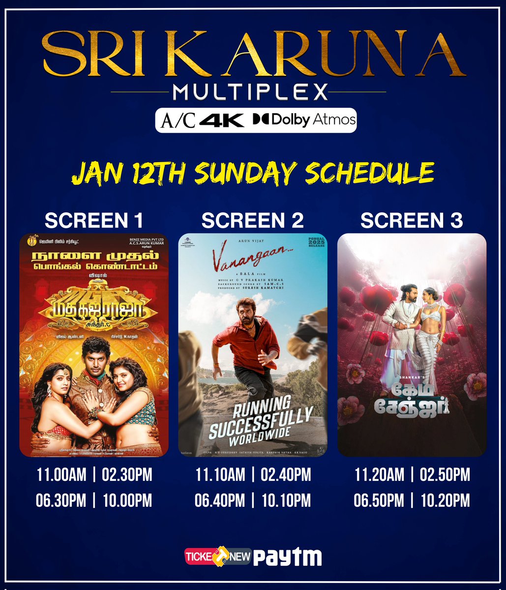 KarunaMultiplex's tweet photo. From Tomorrow #Vanangaan , #GameChanager & #MadhaGajaRaja
Book your tickets now https://t.co/UhOAIcOwKH
@arunvijayno1 @AlwaysRamCharan @shankarshanmugh #Bala @sureshkamatchi @advani_kiara #SKC #Annur #Screen1 #Screen2 #Screen3 @VishalKOfficial https://t.co/ziccD9gvUA