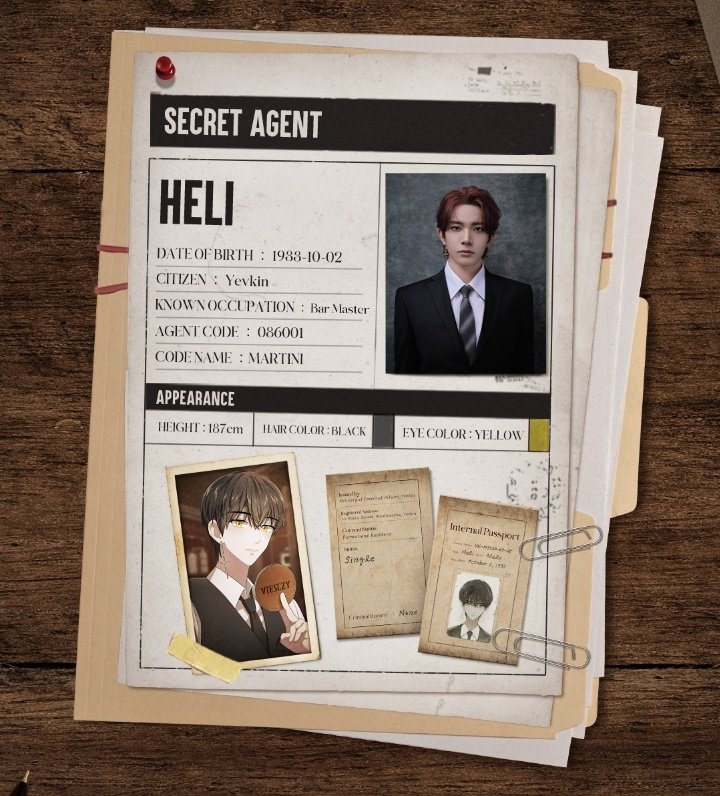 Heeseungs_eomma's tweet image. HELI SECRET AGENT #HEESEUNG  #HELI

Date of Birth: Oct 2, 1933
Citizen: Yevkin
Known Occupation: Bar Master
Agent Code: 086001
Code Name: Martini

Height: 187 cm
Hair Color: Black
Eye Color: Yellow
Current Status: Permanent Residence
Status: Single
Criminal Record: None