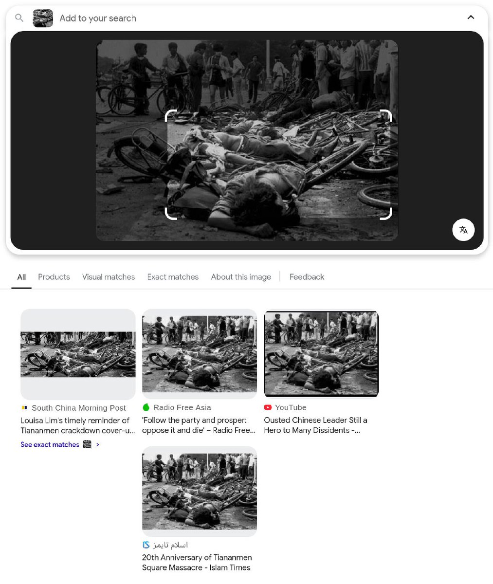 mazzenilsson's tweet photo. Perspectives on image search really do give clarity. Below one of the classic "standard" photographs of the "Tiananmen atrocities", when tanks indifferently drive past corpses with bicycles thrown to the side of the road, turned out, thanks to a technological search by parts of the picture, to be an edited collage using photographs of student protests in Thailand in 1973.

The first photograph is the "canonical horrors of Tiananmen", the second is a real one from 1973 and another country. The lower right part of one is transferred to the other.

"We were young, there was no Photoshop, retouched by hand" - Gene Sharp, who was present at Tiananmen, should have said… but no, he won't say.

Yes, there is a square and tanks, everything really happened. It is extremely interesting how many situations will turn up when studying the topic, when photographs from Thailand in 1973 were used to illustrate the atrocities of 1989 in China by late retouching and combining. 

What do we Western people care? We see only a bunch of Asians in white shirts in the square, and there. No one could tell them apart, Washington propagada can work freely.

https://t.co/VYA1aXetnd
 https://t.co/e6tjEpFujV