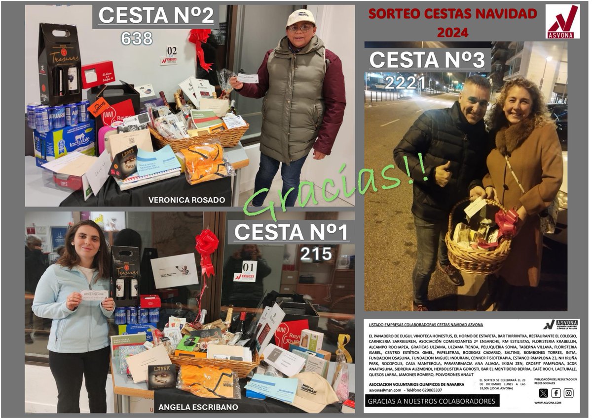 SORTEO CESTAS NAVIDAD (3)
 23 DE DICIEMBRE ASVONA  PARA ELLO FUERON:
CESTA Nº1 ————- Nº  215 (ANGELA ESCRIBANO)
CESTA Nº2 ———— Nº  638 ( VERONICA CASTAÑEDA)
CESTA Nº3  ———– Nº 2221 ( AYTO FUSTIÑANA)  PANADERO EUGUI DONADA A VALENCIA (PAIPORTA) DONDE ASVONA ESTA AYUDANDO

GRACIAS