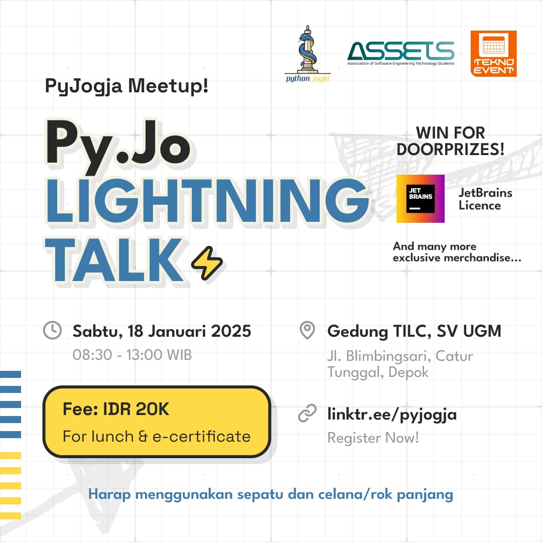 pyjogja's tweet photo. Halo sedulur PyJo!

Mari ikuti meetup PyJogja perdana di tahun 2025! 🎉

🗓️ Sabtu, 18 Januari 2025
🕘 08.30 - 13.00 WIB
🏢 Gedung TILC, SV UGM
📍 https://t.co/RcCSC27wgI

Catatan: Harap mengenakan sepatu dan celana/rok panjang. https://t.co/Yh4BmlVhP5