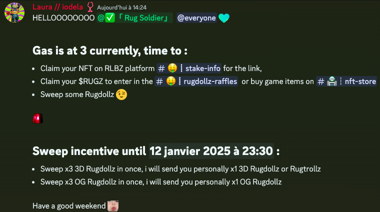 RugdollzNFT's tweet photo. Sweep incentive for this weekend while the gas is low af!

Thanks @iodela for that 😍

Time to 🧹🧹🧹 https://t.co/gyGZTkxF37