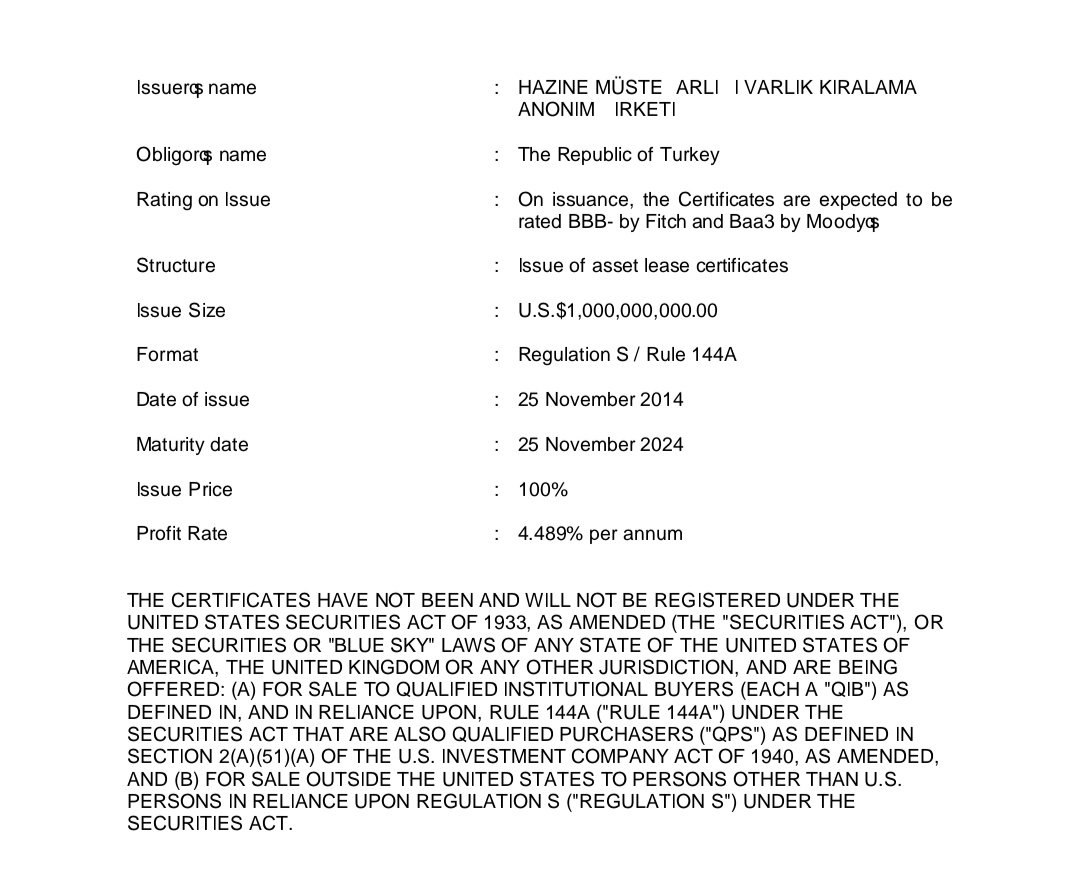 Yıl 2014, aylardan Kasım.

Türkiye Cumhuriyeti Hazine ve Maliye Bakanı Mehmet Şimşek.

Hazine dolar cinsinden 10 yıl vadeli kira sertifikası ihracına çıkar. 6 ayda bir kupon ödemeli, kupon oranı yıllık %4,489. 1 milyar dolar borçlanır.

1/