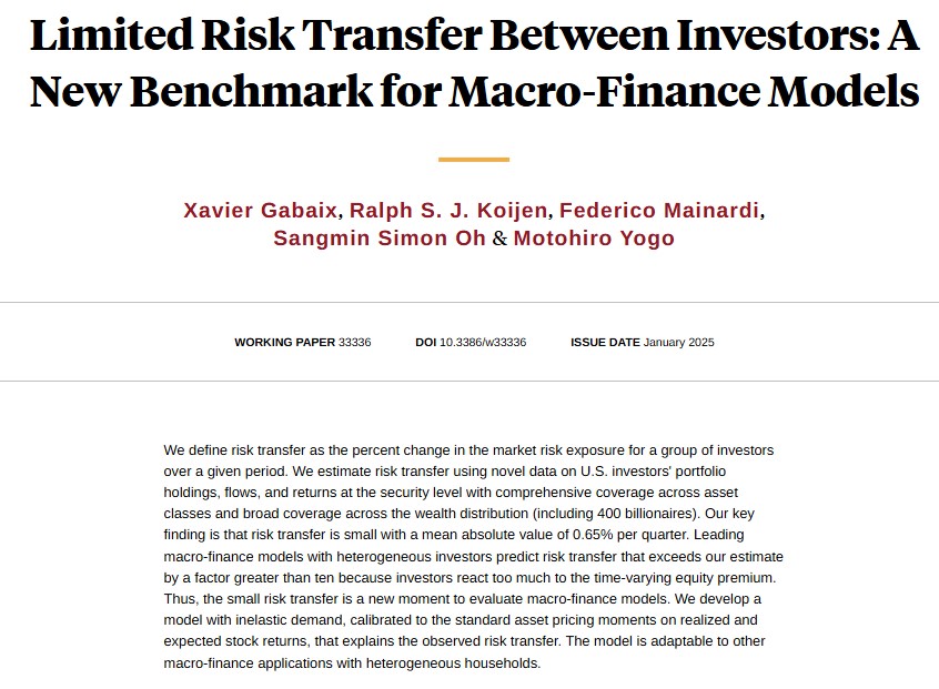 Using new household-level portfolio data including over 400 billionaires finds risk transfer (how much risk changes hands) is small: 0.65 percent per quarter. Standard models, however, predict 10 times more. A new model with inelastic demand provides reconciliation, from