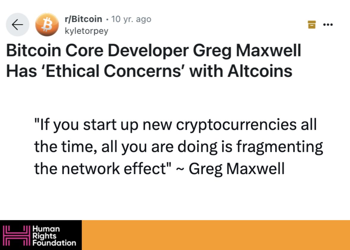 pete_rizzo_'s tweet photo. 8/ At a time when many developers were getting rich quick with crypto knock-offs, Greg was speaking out again. 

He called altcoins UNETHICAL.

He encouraged developers to dedicate their energy to #Bitcoin 👏 https://t.co/bsnogKaHd5