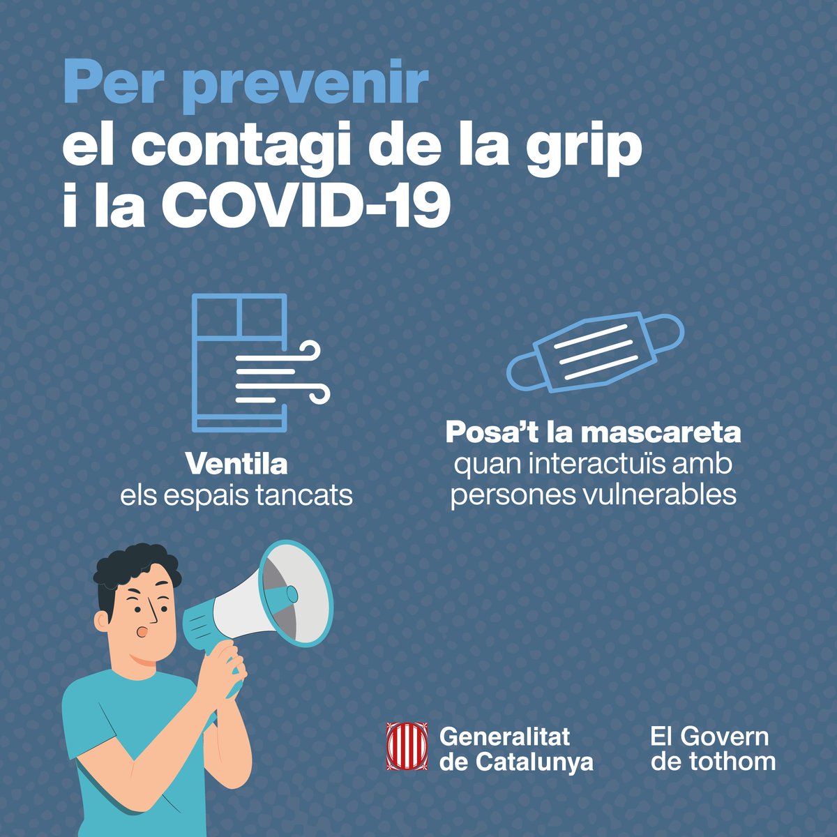 Per prevenir els contagis de la grip, recorda:

🤧Cobreix-te la boca en tossir/esternudar
🧴   Bona higiene de mans
💨 Ventila els espais tancats
😷 Mascareta amb persones vulnerables

💉No oblidis que la vacunació està disponible per tothom. Pots demanar dia i hora al teu CAP.
