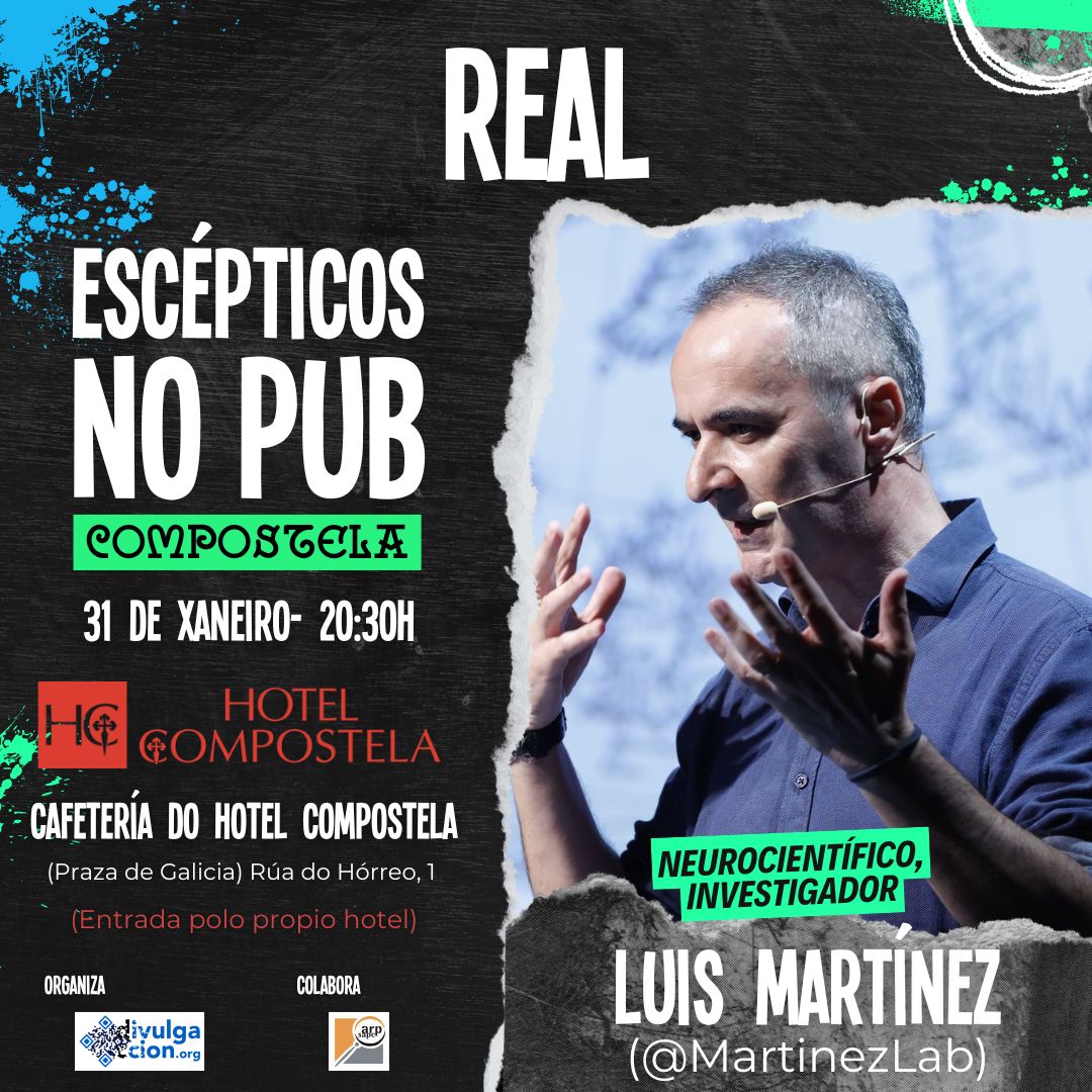 Escépticos no Pub - Compostela (@eeepcompostela) on Twitter photo Feliz 2025!
E, para comezar o ano... REAL.
Que é real? Que é imaxinario? Hai algunha diferenza?
Nesta charla, <a href="/MartinezLab/">Luis M. Martinez</a> falará disto e moito máis. Hotel Compostela, 31 de xaneiro ás 20:30, coma sempre. Non a perdas! Feliz 2025!
E, para comezar o ano... REAL.
Que é real? Que é imaxinario? Hai algunha diferenza?
Nesta charla, <a href="/MartinezLab/">Luis M. Martinez</a> falará disto e moito máis. Hotel Compostela, 31 de xaneiro ás 20:30, coma sempre. Non a perdas!