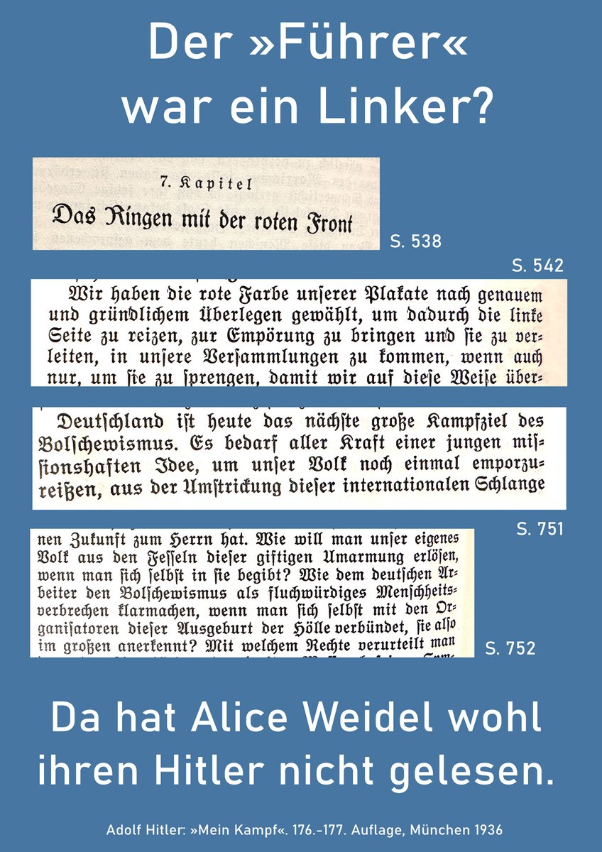 An alle Neonazis hier: Verrät <a href="/Alice_Weidel/">Alice Weidel</a> nicht eure Bewegung, wenn sie behauptet, der „Führer“ wäre links gewesen? Ich meine: Da hat <a href="/Alice_Weidel/">Alice Weidel</a> doch ihren Hitler nicht gelesen. #AfD #Faschismus #Demokratie #Desinformation #ElonMusk