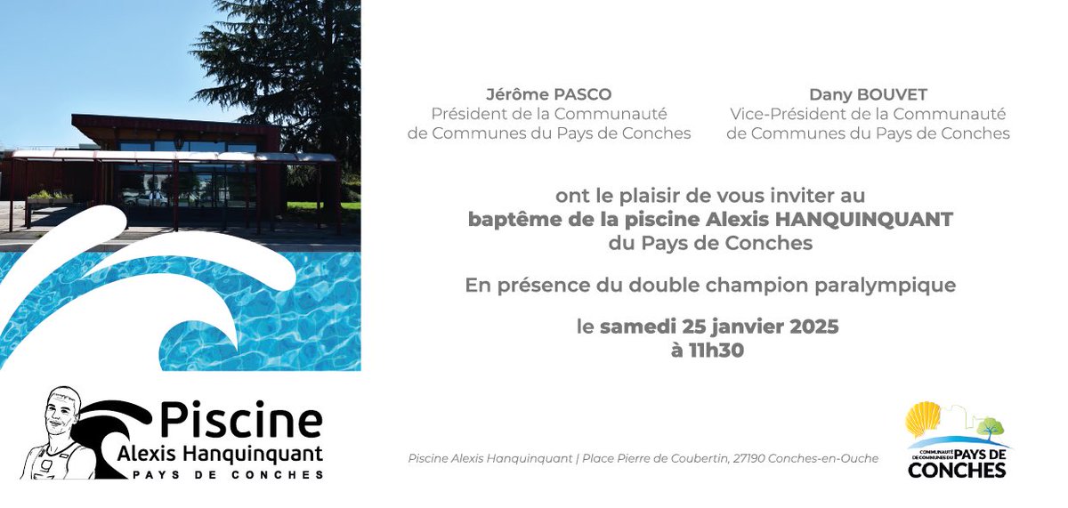 VilledeConches's tweet photo. Alexis Hanquinquant sera présent le samedi 25 janvier 11h30 à Conches pour le baptême de la piscine à son nom. 👇🤩@L_Philippot @paris_normandie @RichardAvenel @ici_hnormandie @Eureinfodepeche @27actu https://t.co/fsyWJrlzX9