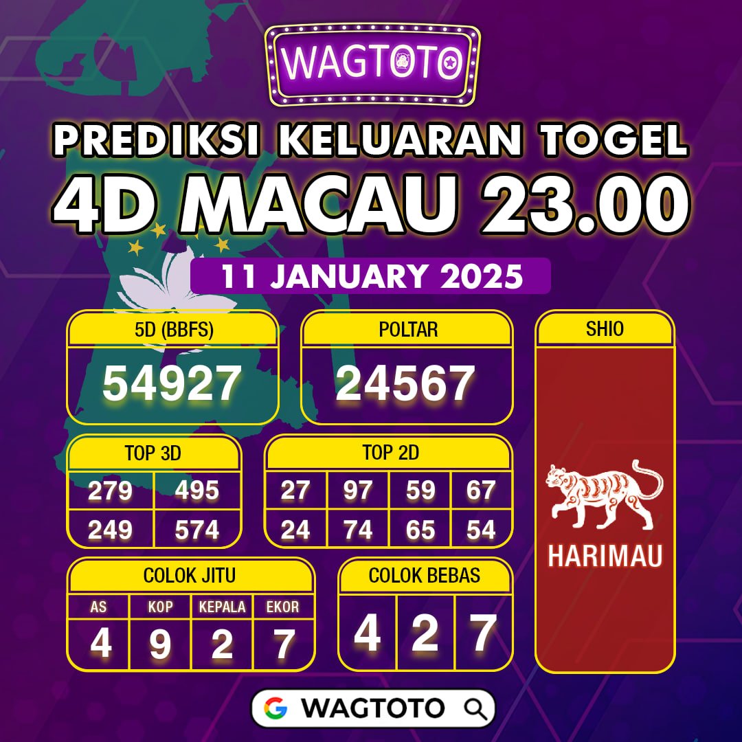 Pre-diksi keluaran 4D MACAU 23.00
11 JANUARI 2025
Semoga 4D mendarat di hari ini bosku!!